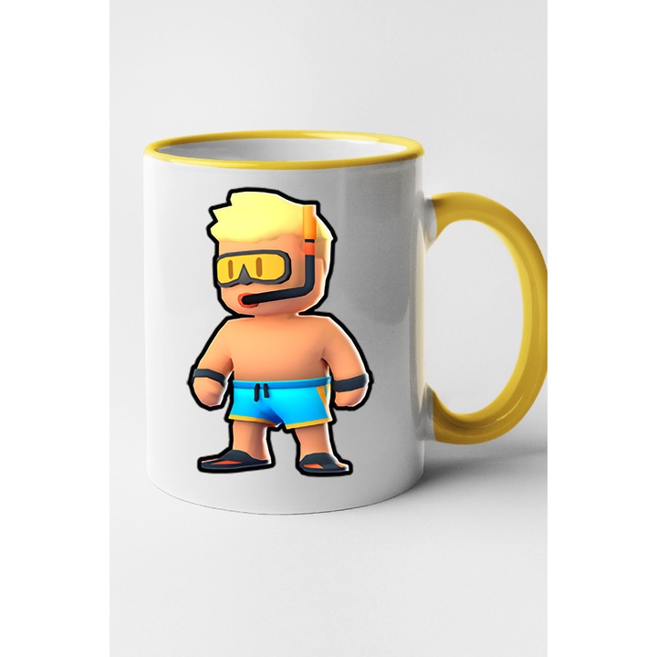 Cana personalizata cu imprimeu Stumble Guy - Swimmer Brody, Ceramica, 330 ml, Maner si interior Galben