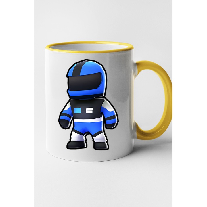 Cana personalizata cu imprimeu Stumble Guy - Blue Racer, Ceramica, 330 ml, Maner si interior Galben