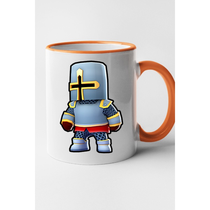 Cana personalizata cu imprimeu Stumble Guy - Crusader, Ceramica, 330 ml, Maner si interior Portocaliu