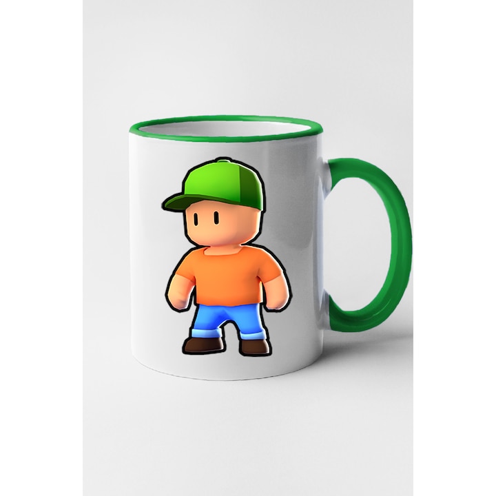 Cana personalizata cu imprimeu Stumble Guy - Mr. Stumble, Ceramica, 330 ml, Maner si interior Verde