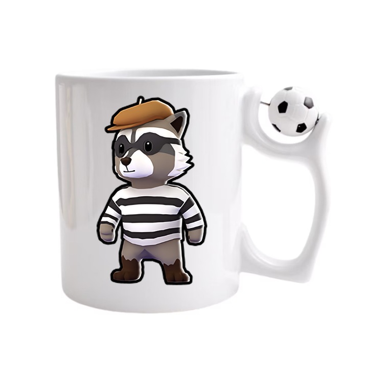 Cana personalizata cu imprimeu Stumble Guy - Sly Raccoon, Ceramica, 330 ml, Maner minge fotbal