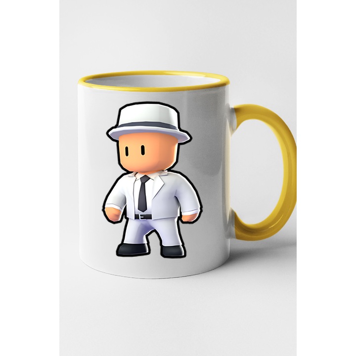Cana personalizata cu imprimeu Stumble Guy - Mobster Stu, Ceramica, 330 ml, Maner si interior Galben
