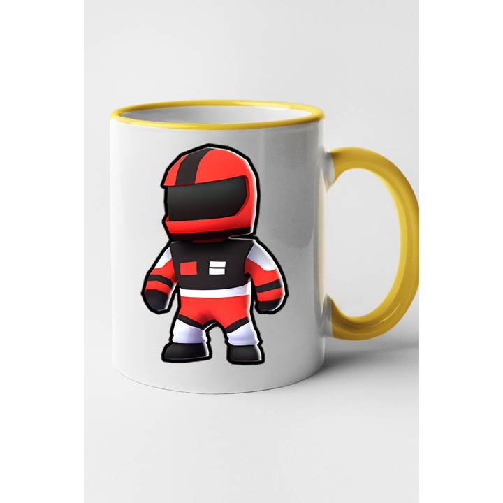 Cana personalizata cu imprimeu Stumble Guy - Red Racer, Ceramica, 330 ml, Maner si interior Galben