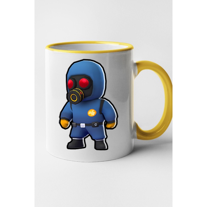 Cana personalizata cu imprimeu Stumble Guy - Chemical Corps, Ceramica, 330 ml, Maner si interior Galben
