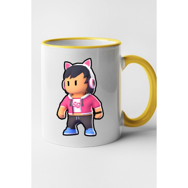 Cana personalizata cu imprimeu Stumble Guy - Gamer Gina, Ceramica, 330 ml, Maner si interior Galben