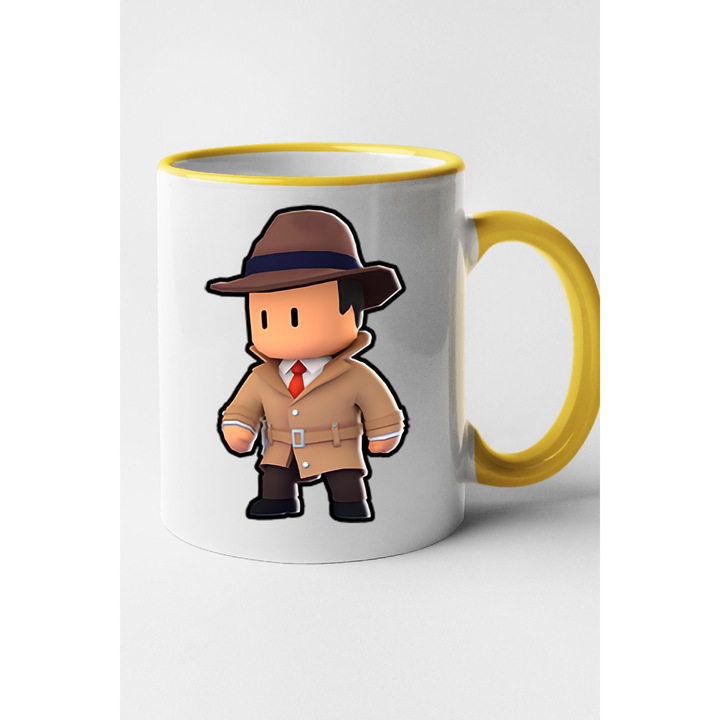 Cana personalizata cu imprimeu Stumble Guy - Detective (1), Ceramica, 330 ml, Maner si interior Galben