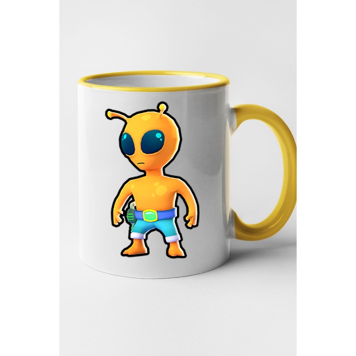 Cana personalizata cu imprimeu Stumble Guy - Orange Martian, Ceramica, 330 ml, Maner si interior Galben