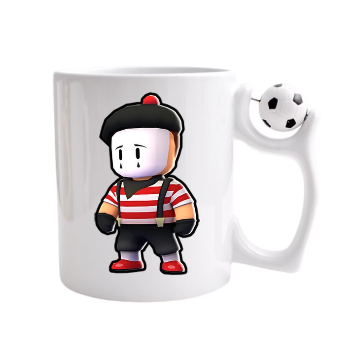 Cana personalizata cu imprimeu Stumble Guy - Mime Grimaldi, Ceramica, 330 ml, Maner minge fotbal