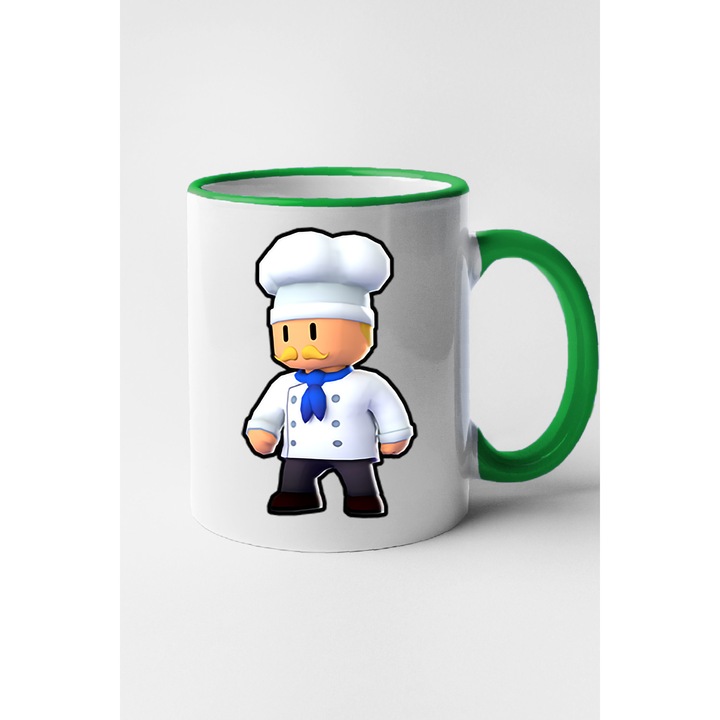 Cana personalizata cu imprimeu Stumble Guy - Chef Anthony, Ceramica, 330 ml, Maner si interior Verde