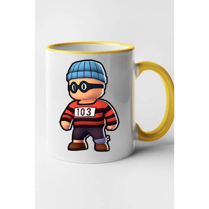 Cana personalizata cu imprimeu Stumble Guy - Inmate 007, Ceramica, 330 ml, Maner si interior Galben