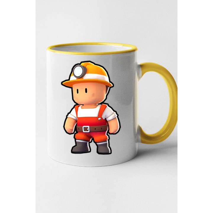 Cana personalizata cu imprimeu Stumble Guy - Miner Mike, Ceramica, 330 ml, Maner si interior Galben