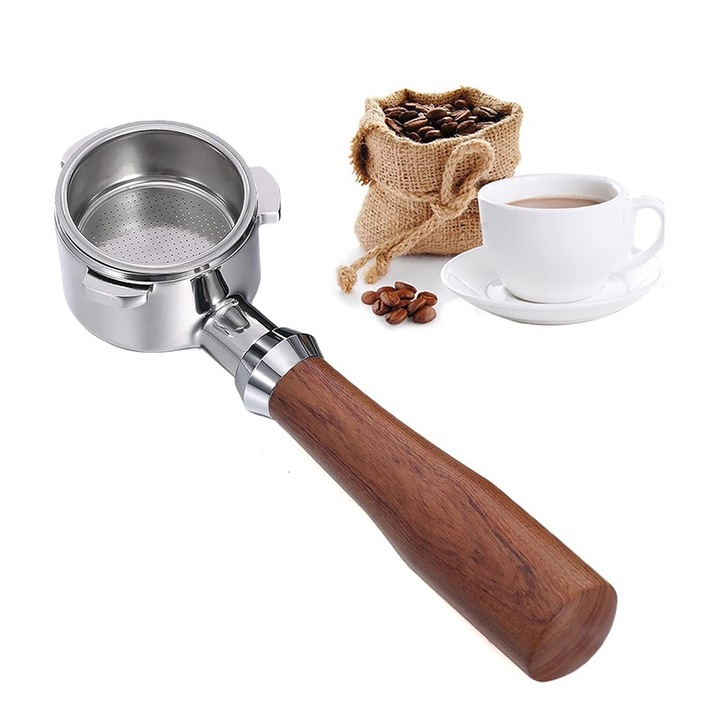 Portafiltru aparat de cafea, Bomstom, Inox/Lemn, 51 mm, Argintiu/Maro