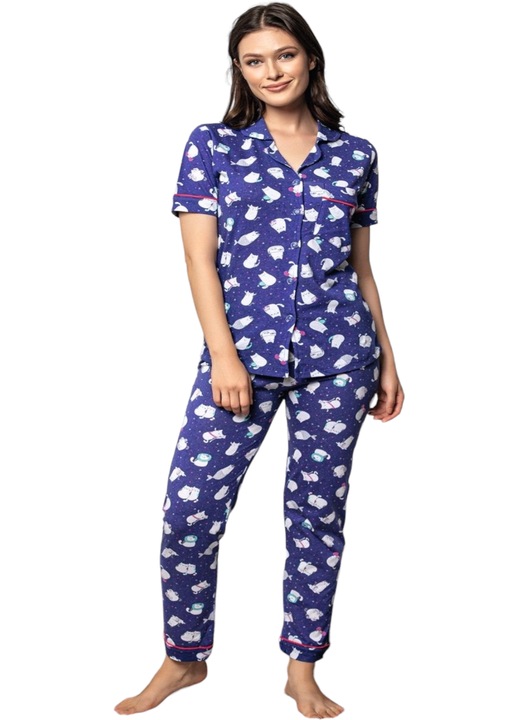 Pijama dama 2 piese, StarFashion, bumbac, bluza maneca scurta si pantalon lung, Albastru