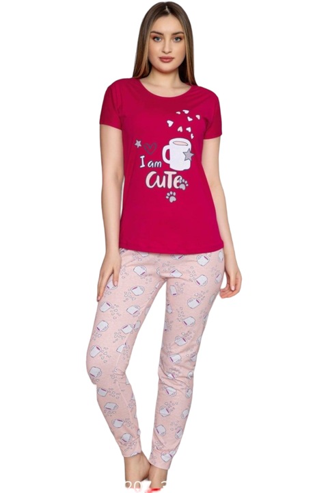 Pijama dama, StarFashion, 2 piese, tricou si pantaloni lungi, bumbac, rosu, 2XL