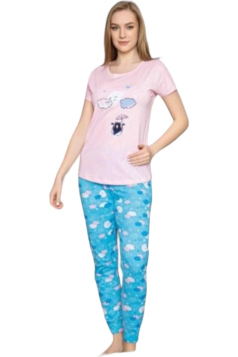 Pijama dama, StarFashion, 2 piese, tricou si pantaloni lungi, bumbac, bleu, M