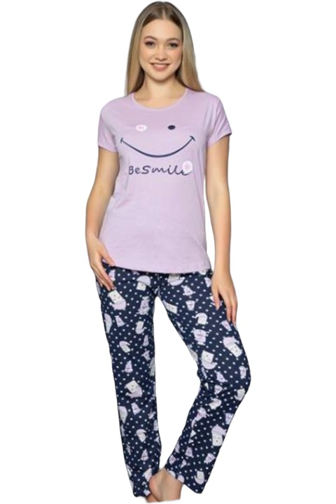 Pijama dama, StarFashion, 2 piese, tricou si pantaloni lungi, bumbac, lila, XL