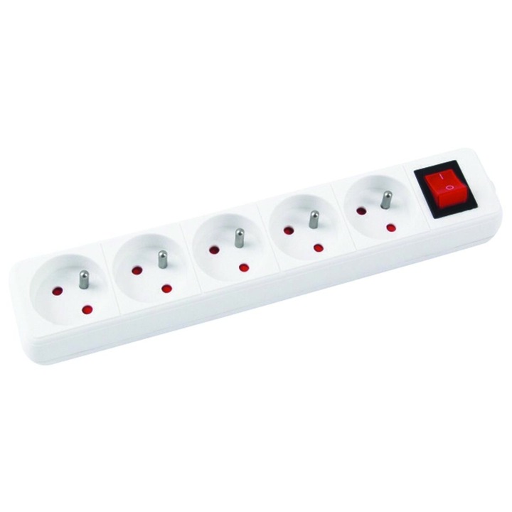 Prelungitor OFFICE cu intrerupator, 5 prize si cablu de 5 m, cu impamantare, alb