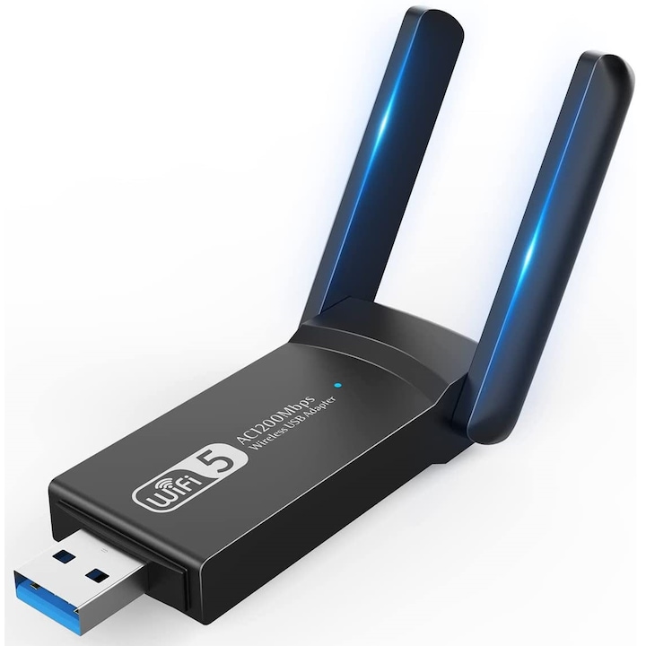 Adaptor Wireless EvoSmart™ P1, Dual-Band, WiFi Ethernet, 1200Mbps, USB 3.0, Retea 2.4G & 5G, Long Range, 2 Antene, Negru
