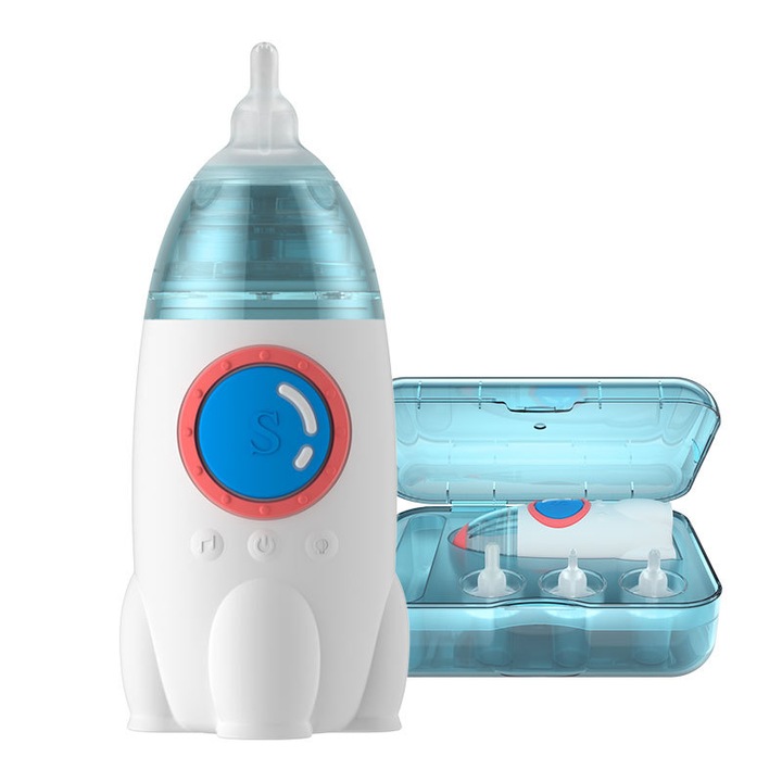 Aspirator nazal electric pentru copii, 3 duze, impermeabil IPX7, 3 trepte putere, 9 moduri aspirare, 10 melodii, lumini, zgomot redus, putere aspirare 20-65kpa, portabil, incarcare USB, rezistent la socuri