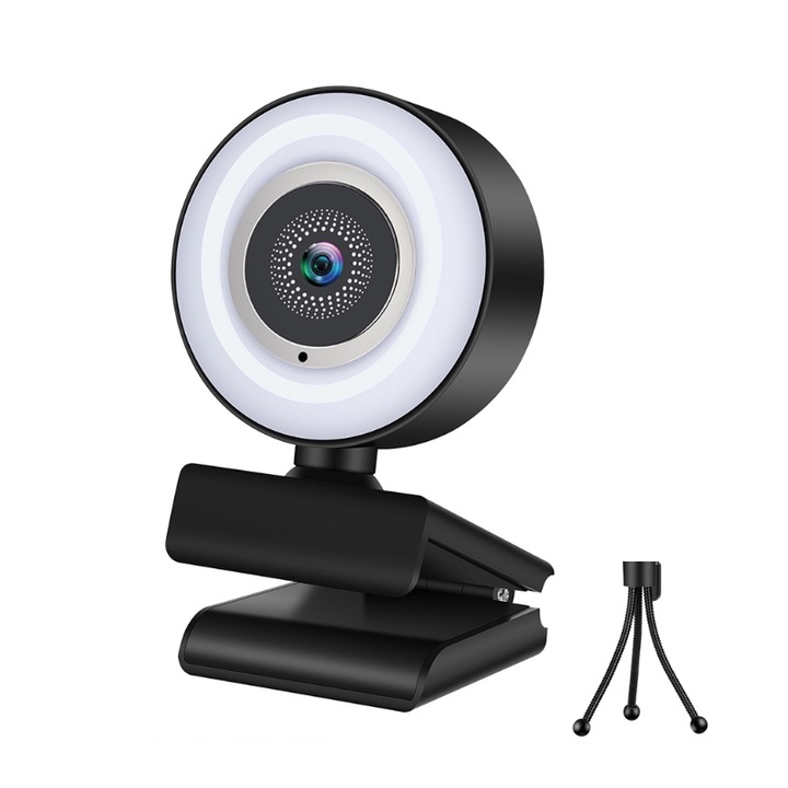 FULL HD уеб камера с LED, KINSI, 2K, резолюция 2560x1440, вграден микрофон, автоматичен фокус, завъртане на 360°, включен статив, черен