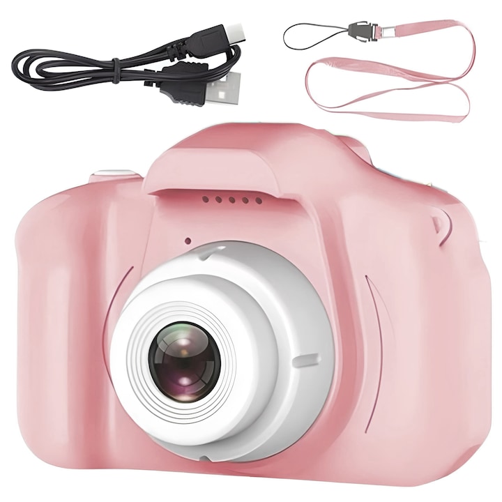 Retoo Gyerekkamera, kijelző 2", microSD, USB töltés, 600mAh, 5 játék, szűrők és kreatív keretek, rózsaszín