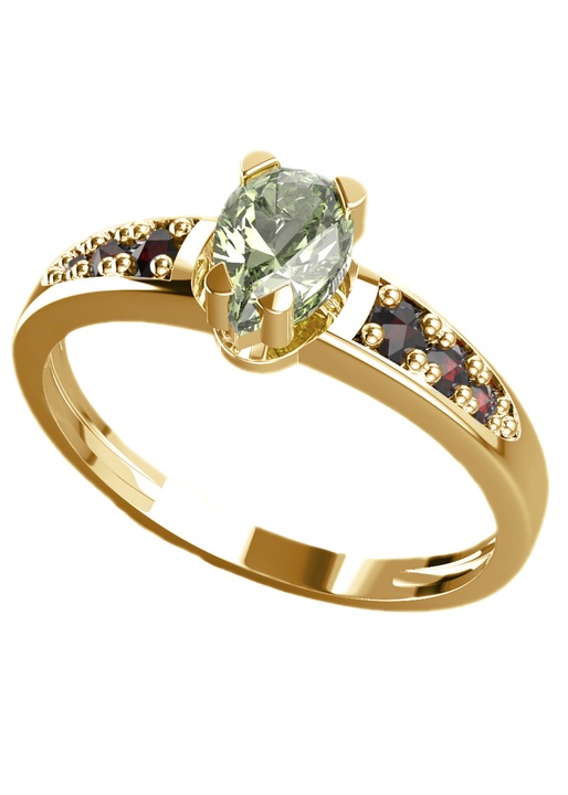 Női Gyűrű A-B, Gránát, Moldavit, 14K Sárga Arany