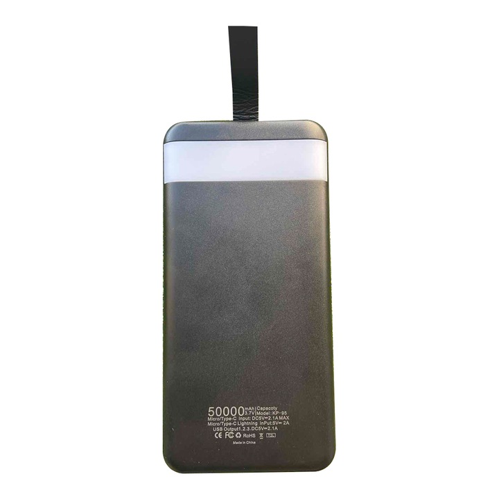 Külső akkumulátor, Power bank 50000 mAh, hordozható töltő, Led zseblámpa, Kijelző, 3 USB-C