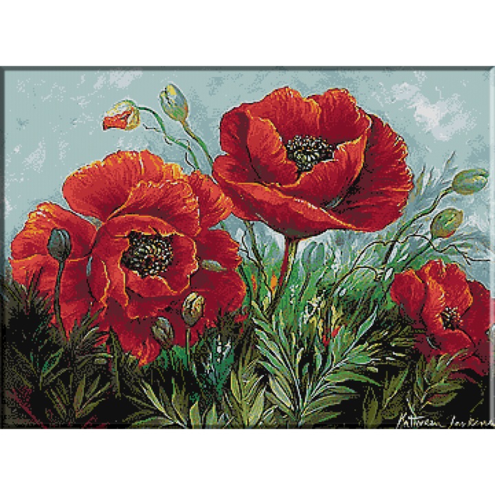 Goblen cu diagrama color si set ate, Maci, KRIF, panza 10 ochiuri/cm 26 culori