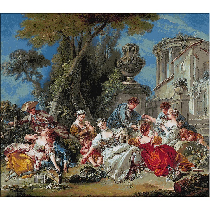 Goblen cu diagrama color si set ate, Boucher, Colectionarii de pasari, KRIF, panza 10 ochiuri/cm 45 culori