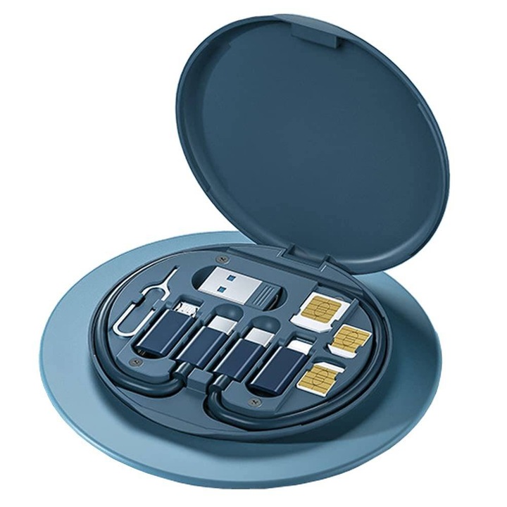 Компактна многофункционална кабелна карта, Jeswo, USB A/Type C/Micro USB, Blue