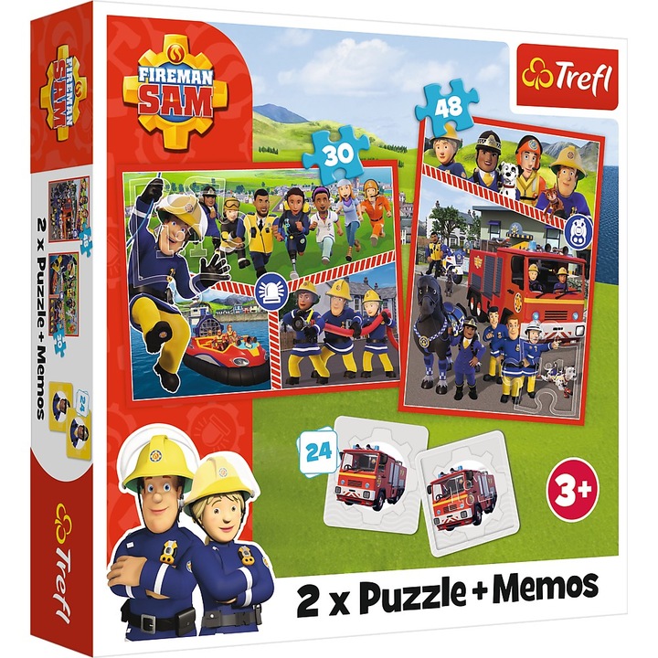 Комплект 2 пъзела + игра за памет Trefl - Fireman Sam, Firemen's team, 30/48 части