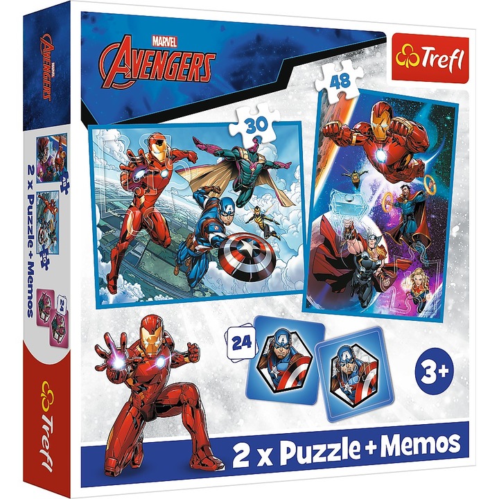 Комплект от 2 пъзела + Игра за памет Trefl - Marvel Avengers, Heroes in action, 30/48 части