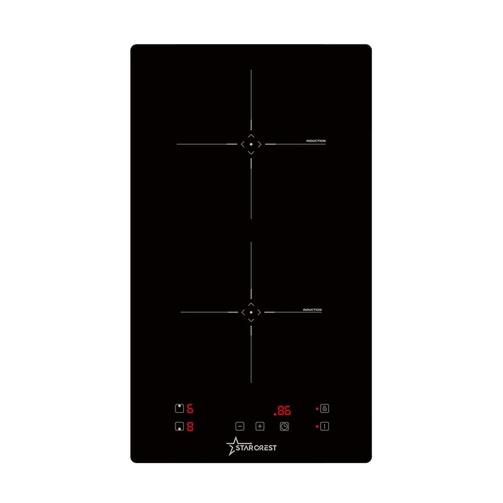 Печка за вграждане STARCREST SIH-3030, Индукция, 3300 W, 2 зони за готвене, 9 степени на мощност, Сензорно управление, Таймер, Черно стъкло