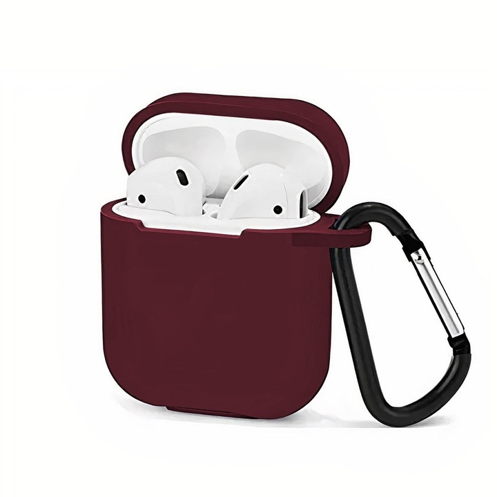 Husa Silicon Protectie compatibila cu AirPods Generatia 1/2 CASEY STUDIOS™, din Silicon Moale, cu Breloc Carabina, Incarcare Wireless, Rosu bordo