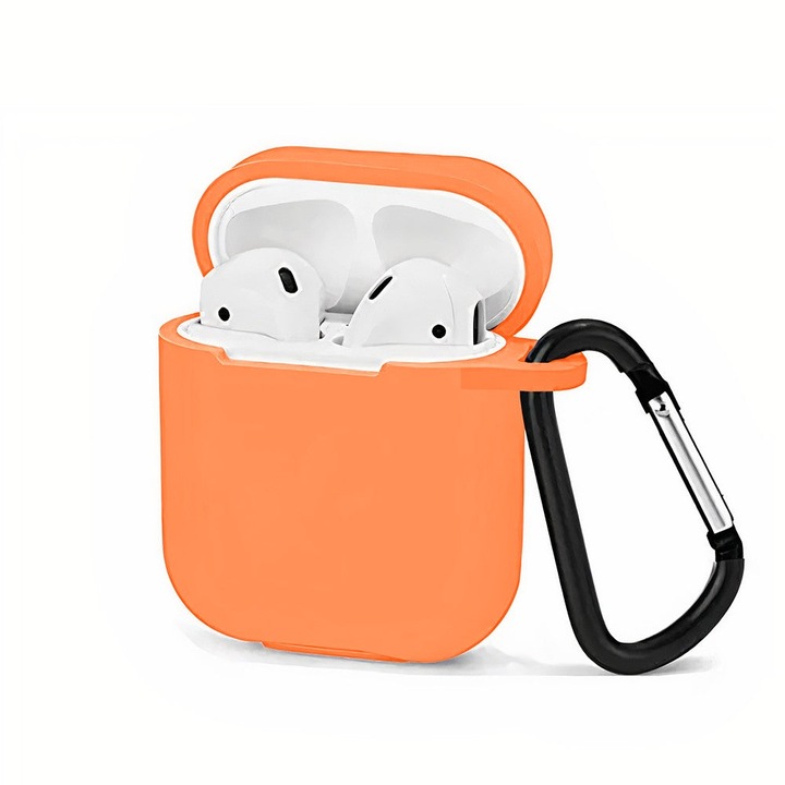 Husa Silicon Protectie compatibila cu AirPods Generatia 1/2 CASEY STUDIOS™, din Silicon Moale, cu Breloc Carabina, Incarcare Wireless, Portocaliu