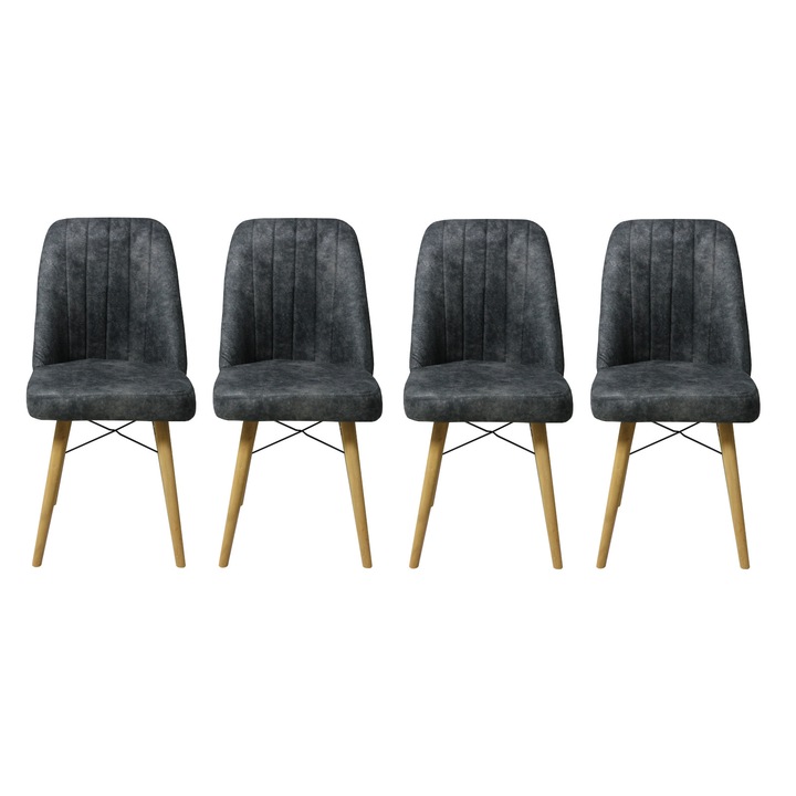 Set 4 scaune Atena, cadru din metal, picioare din lemn, tapiterie din material textil catifelat, gri inchis, 93x46 cm
