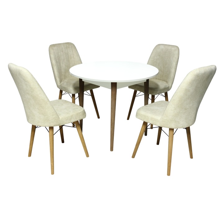 Set masa rotunda Aris Alb cu 4 scaune Atena, cadru din metal, picioare maro, tapiterie din material textil, alb/crem, 90x74 cm