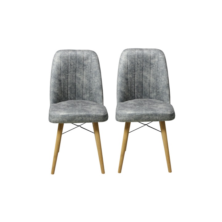 Set 2 scaune Atena, cadru din metal, picioare din lemn, tapiterie din material textil catifelat, gri deschis, 93x46 cm