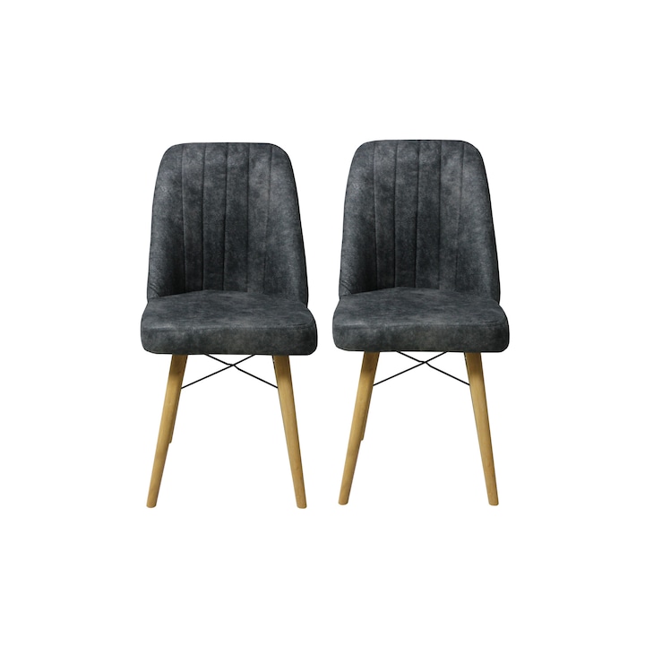 Set 2 scaune Atena, cadru din metal, picioare din lemn, tapiterie din material textil catifelat, gri inchis, 93x46 cm