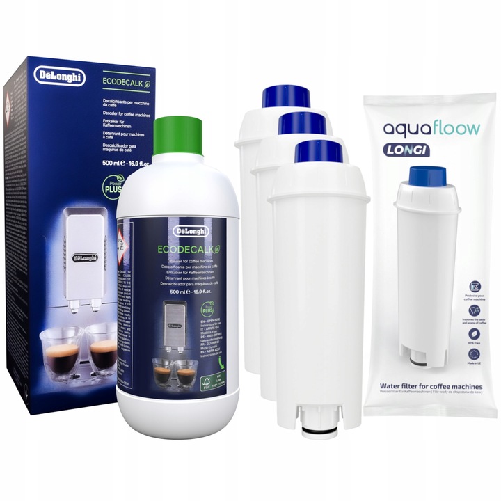 Kit intretinere espressor, Aquafloow, Compatibil cu Delonghi, 3 x Filtru apa, Solutie decalcifianta, 500 ml