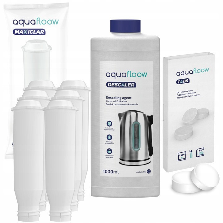 Kit curatare espressor, Aquafloow, Compatibil cu Nivona, 6 x Fitru apa, 10 x Tableta curatare, Solutie decalcifianta, 1l