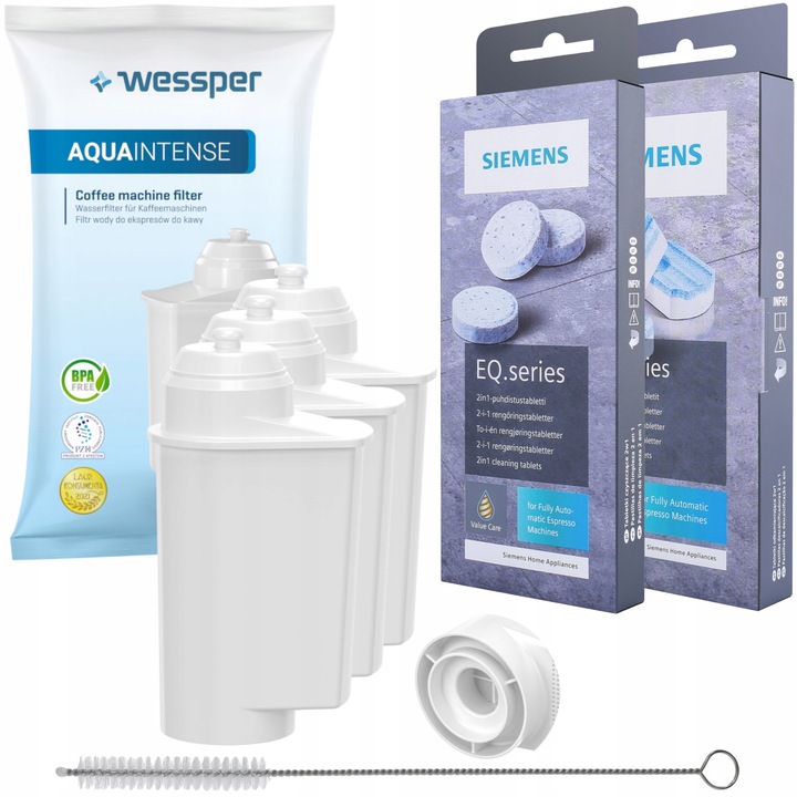 Kit intretinere espressor, Wessper, Compatibil cu Siemens, 3 x Filtru apa, Perie, 10 x Tableta curatare, 3 x Tableta detartranta