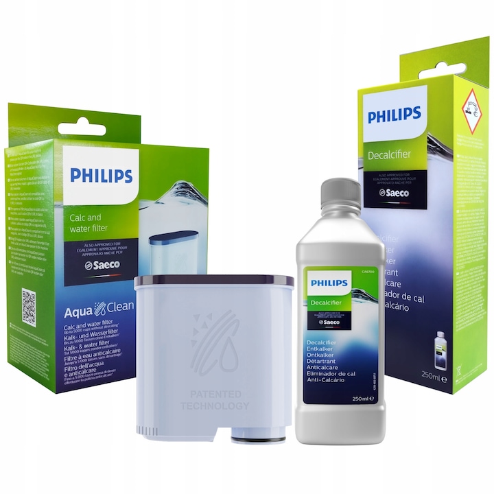Kit intretinere espressor, Philips, Compatibil cu Philips Latte Go+, Filtru apa, Solutie decalcifiere, 250 ml