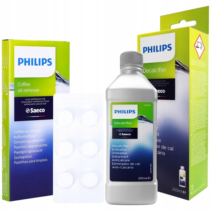 Kit intretinere espressor, Philips, Compatibil cu Philips/Saeco, 10 x Tableta curatare, Solutie decalcifiere, 250 ml