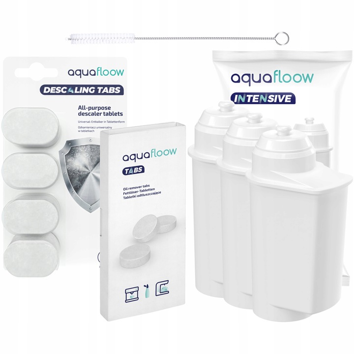 Kit intretinere espressor, Aquafloow, 3 x Filtru apa, Perie, 10 x Tableta curatare, 4 x Tableta decalcifiere