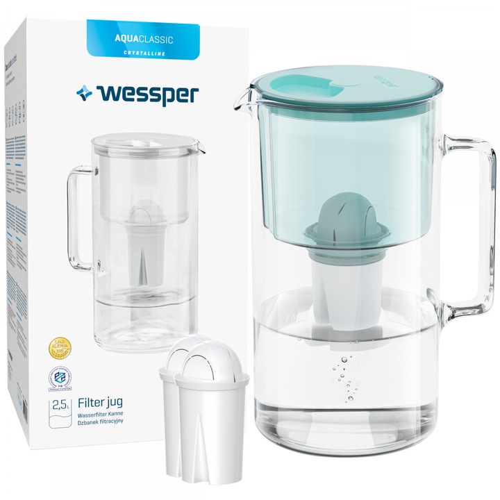 Филтърна чаша и 3 филтъра Wessper, AquaClassic, 2.5L, стъкло, ментово зелено/прозрачно