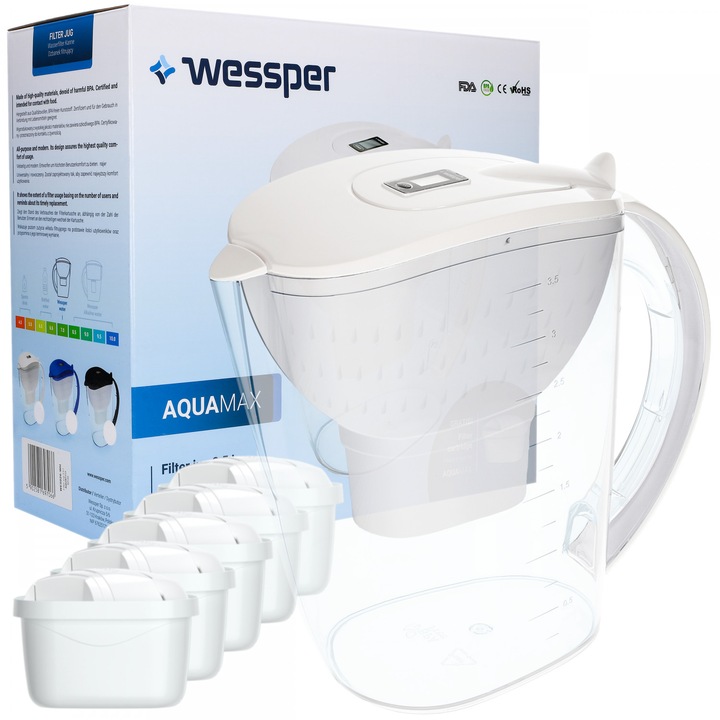 Set cana filtrare apa cu 5 filtre, Wessper AquaMax, 3.5 l, Transparent/Alb
