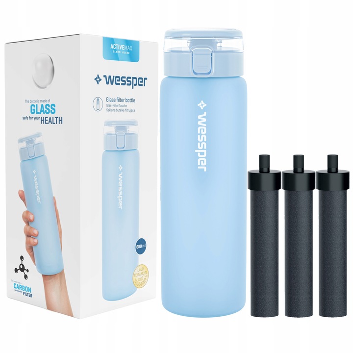 Комплект бутилки с 3 филтъра за вода, 680 ml, стъкло, синьо