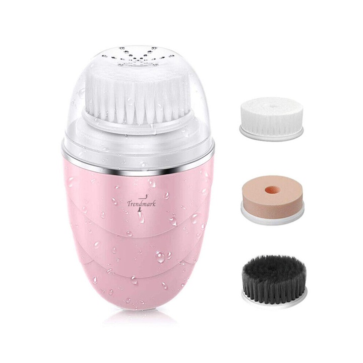 Perie de curatare faciala Trendmark®, 3 in 1, cu 3 capete, 2 viteze, reincarcabila, rezistenta la apa, culoare roz