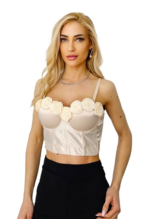 Roses szatén fűző, virágos díszítéssel, fém bálnákkal és effektussal, Krémszín